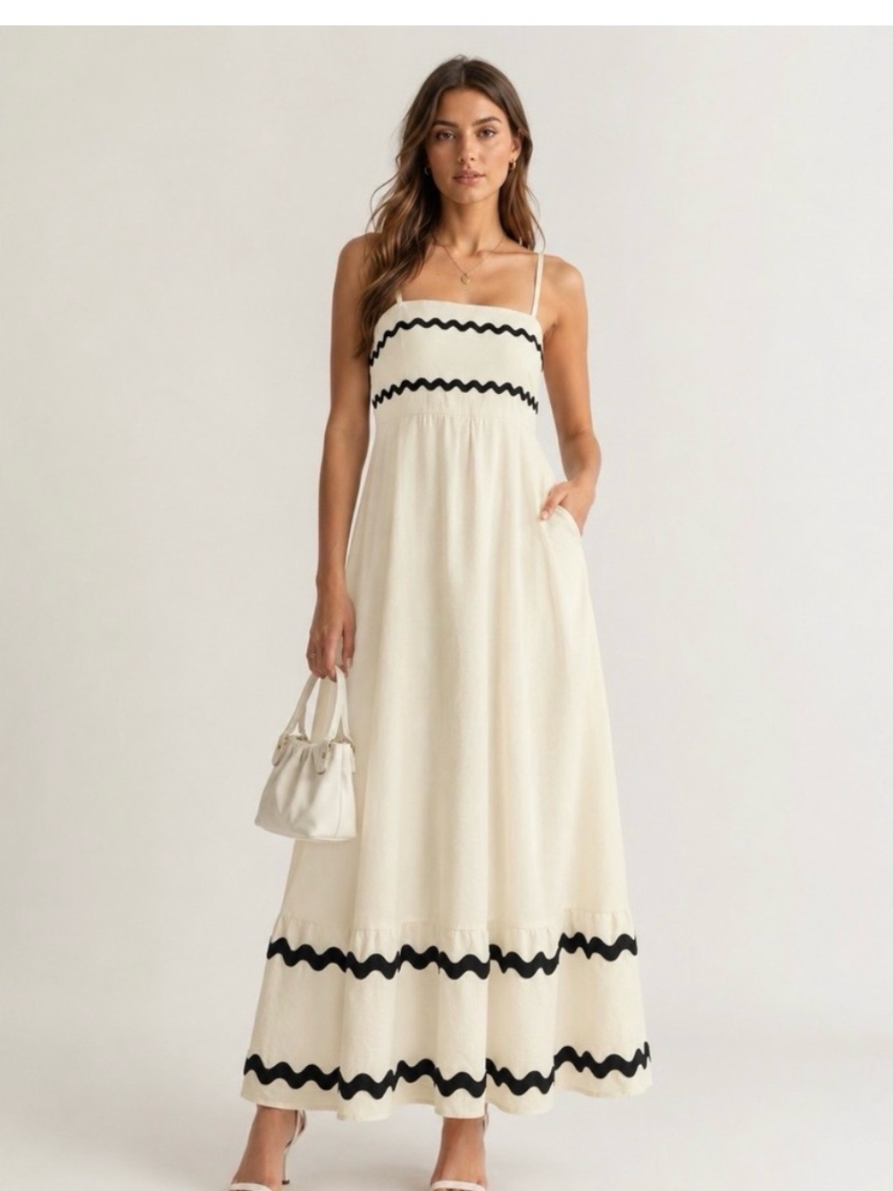 WHITE Maxi Dress with scalloped Black Trim